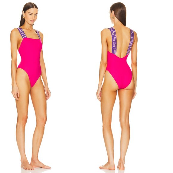 VERSACE NEW Vita Logo One Piece Swim Suit Tropical Pink & Dark Orchid Size XS - Picture 2 of 9
